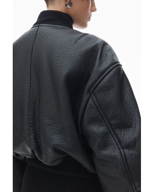 Alexander Wang Black Cropped Bomber Jacket In Primal Lambskin Leather