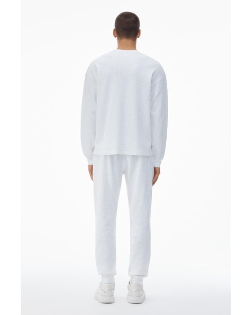 Alexander Wang White Crystal Hotfix Crewneck Long-sleeve Tee In Waffle Knit
