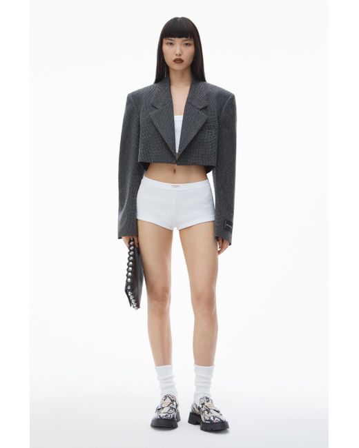 Alexander Wang Black Cropped Blazer In Wool Twill With Clear Bead Hotfix