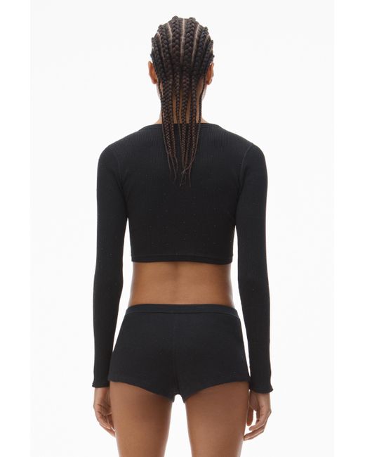 Alexander Wang Black Crystal Hotfix Cropped Long Sleeve Tee