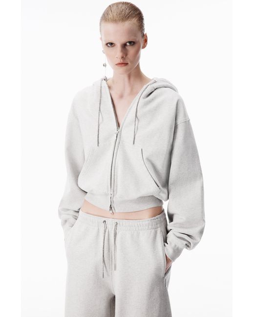 Alexander Wang White Crystal Hotfix Drawcord Zip-Up Hoodie