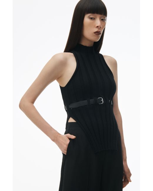 Alexander Wang Black Ribbed Mock Neck Tank Top With Leather Belt
