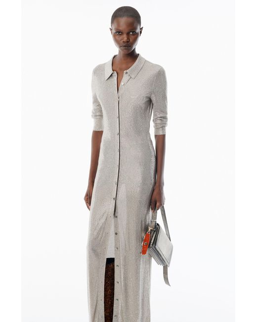 Alexander Wang Multicolor Crystal Hotfix Long-Sleeve Polo Dress