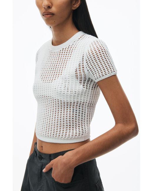 Alexander Wang White Crochet Cropped Crewneck Tee With Logo
