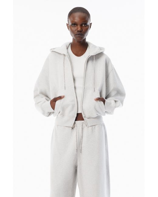 Alexander Wang White Grey Cotton Terry Hoodie With Crystal Hotfix Drawcord
