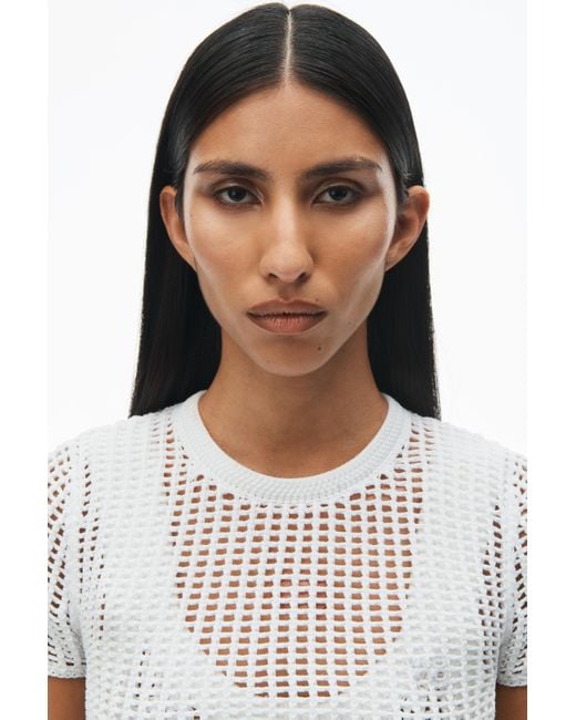 Alexander Wang White Crochet Cropped Crewneck Tee With Logo