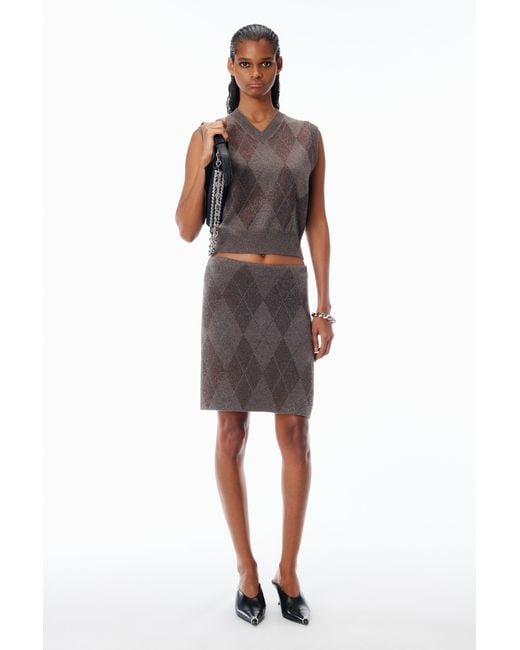 Alexander Wang Brown Crystal Hotfix Argyle Wool-Blend Tennis Skirt