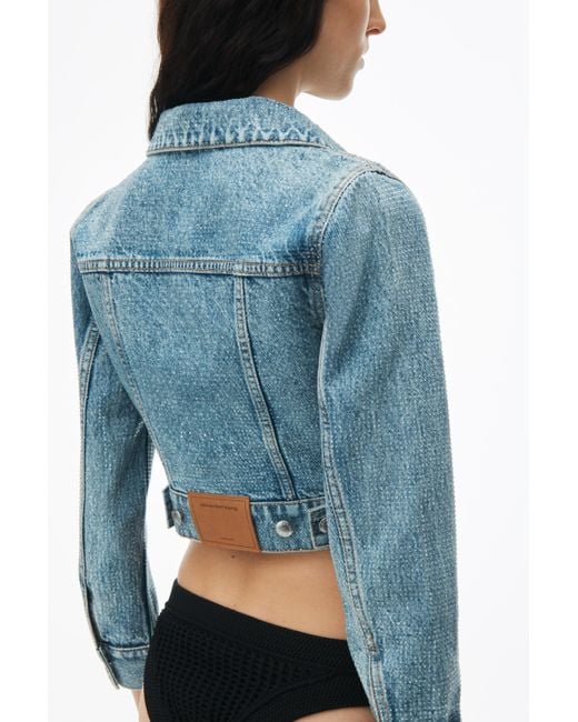 Alexander Wang Blue Cropped Denim Trucker Jacket In Clear Hotfix