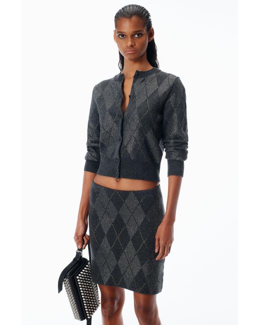 Alexander Wang Black Crystal Hotfix Wool-Blend Argyle Cardigan