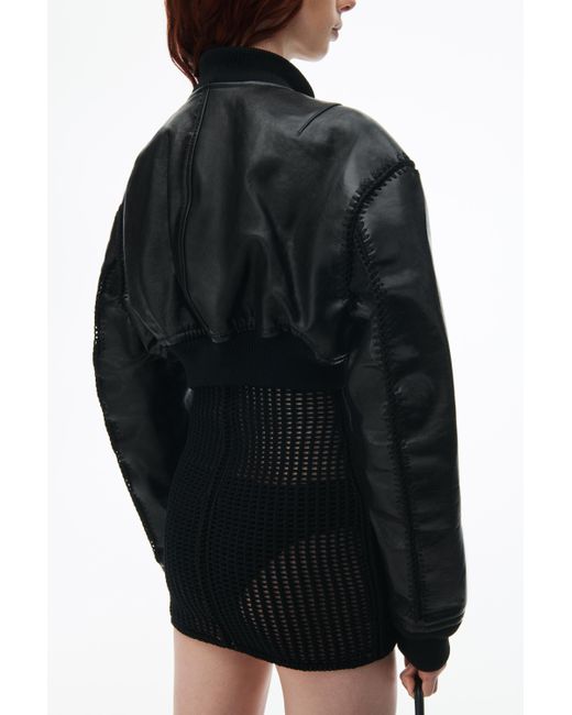 Alexander Wang Black Leather Bomber Jacket With Crochet Hood