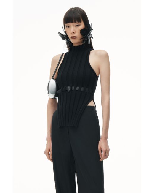 Alexander Wang Black Ribbed Mock Neck Tank Top With Leather Belt