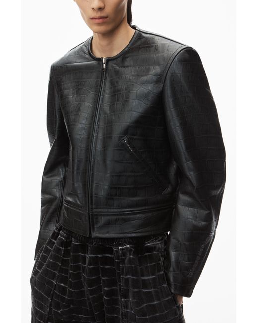 Alexander Wang Black Collarless Croc-embossed Leather Jacket for men