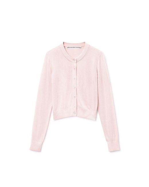 Alexander Wang Pink Cropped Crewneck Cardigan W/ Clear Bead Hotfix