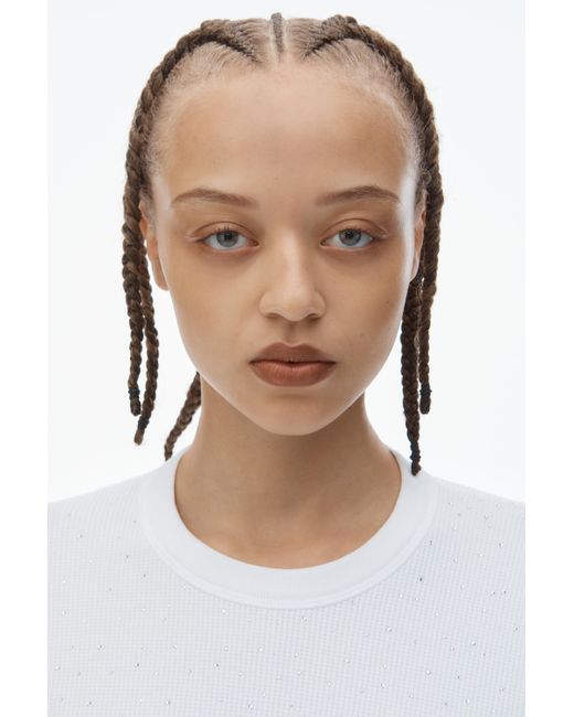 Alexander Wang White Crystal Hotfix Crewneck Long-sleeve Tee In Waffle Knit