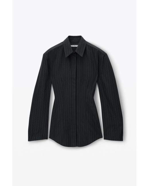 Alexander Wang Black Long Sleeve Belted Shirt In Pinstripe Wool
