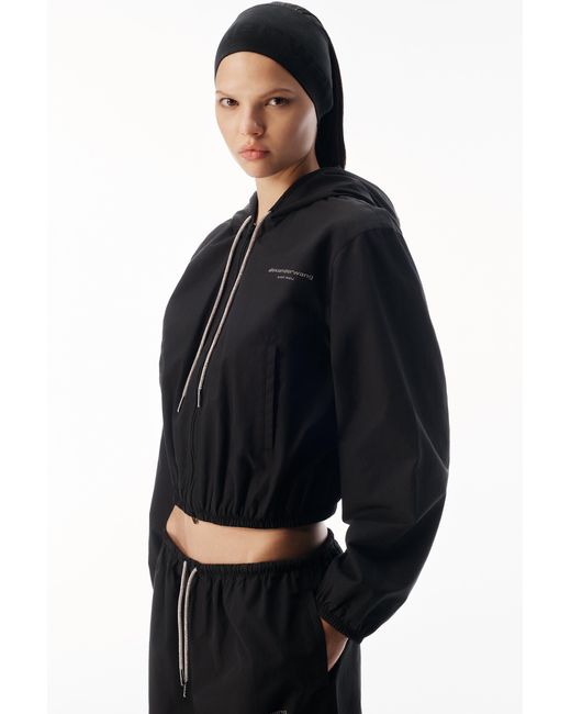 Alexander Wang Black Crystal Hotfix Drawcord Shrunken Hoodie Jacket