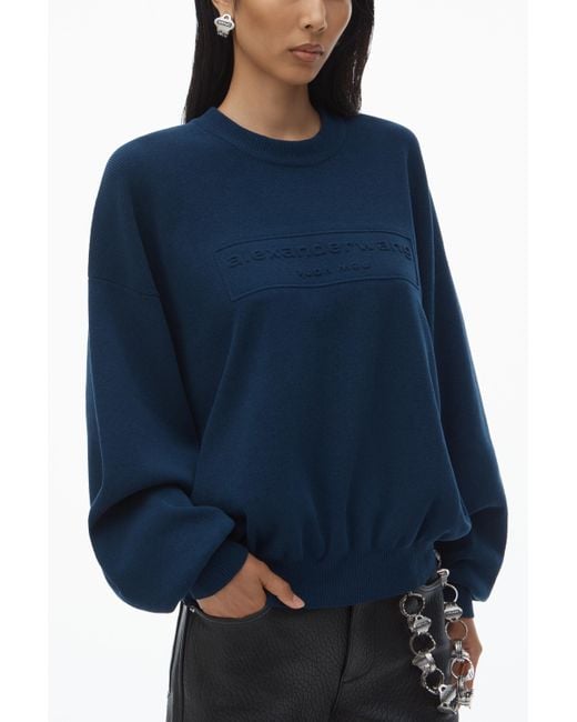 Alexander Wang Blue Logo Embossed Ribbed Pullover In Soft Chenille