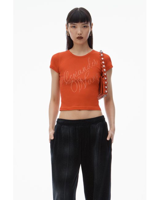 Alexander Wang Red Crystal Hotfix Tee In Ribbed Jersey