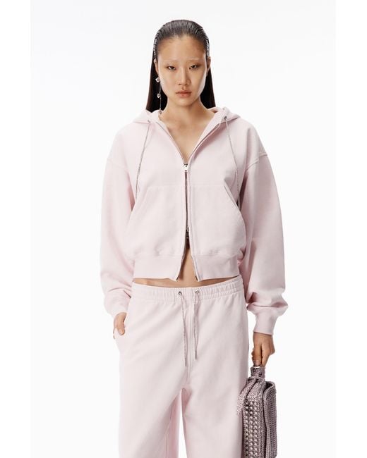 Alexander Wang White Crystal Hotfix Drawcord Zip-Up Hoodie