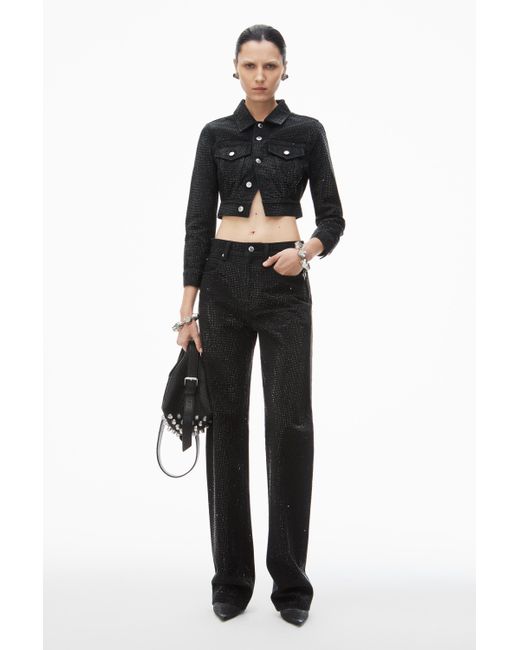 Alexander Wang Black Shrunken Trucker Jacket In Crystal Hotfix Denim