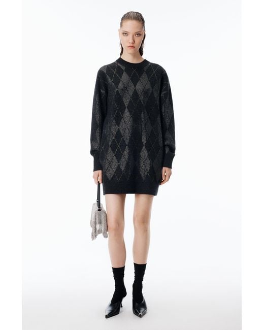 Alexander Wang Black Crystal Hotfix Argyle Wool-Blend Dress