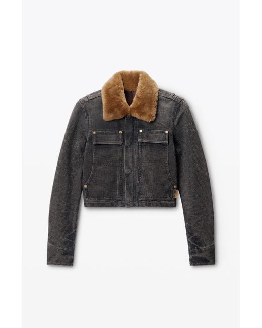 Alexander Wang Black Crystal Hotfix Shrunken Workwear Jacket In Cotton