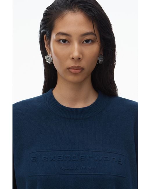 Alexander Wang Blue Logo Embossed Ribbed Pullover In Soft Chenille