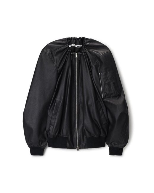 Alexander Wang Black Leather Scoop Neck Bomber Jacket