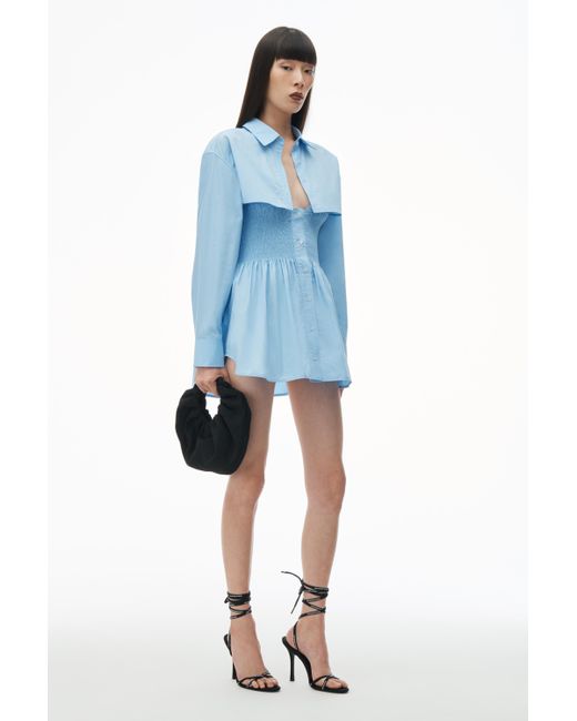 Alexander Wang Blue Smocked Mini Dress With Overshirt