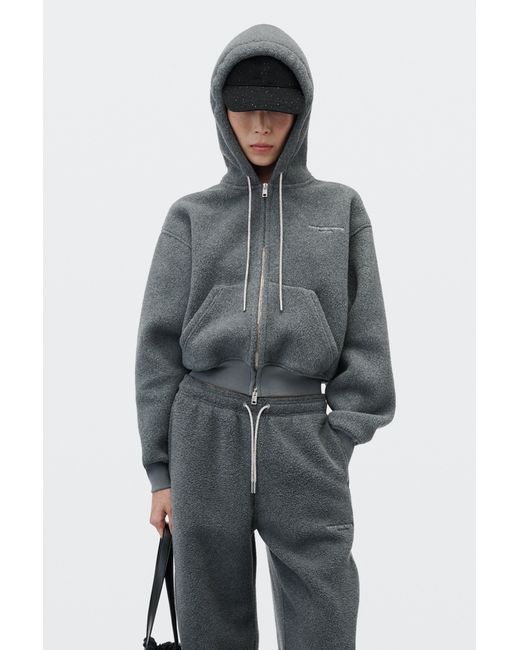 Alexander Wang Gray Fleece Crystal Drawcord Shrunken Zip-Up Hoodie