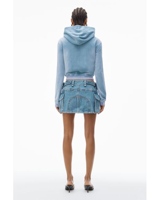 Alexander Wang Blue Shrunken Zip-up Hoodie In Crushed Velour
