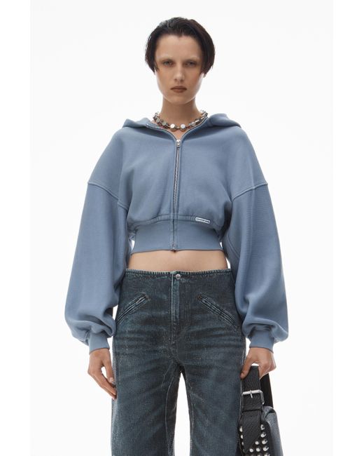 Alexander Wang Blue Cropped Zip Up Hoodie In Classic Cotton Terry