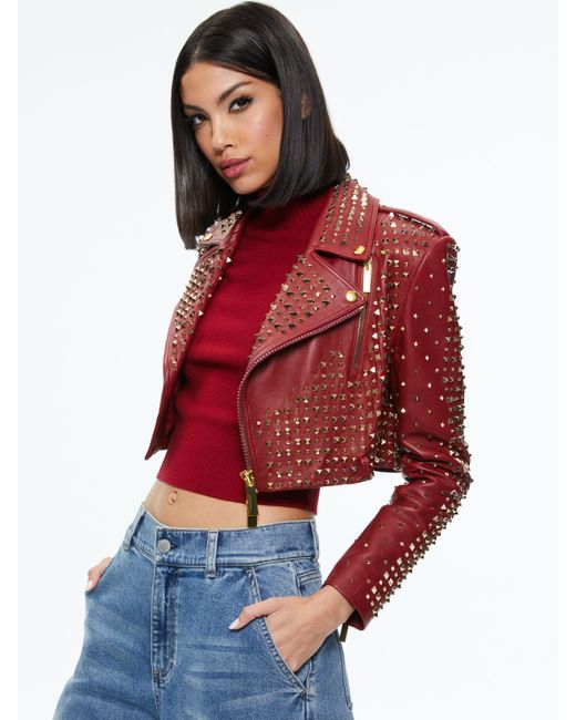 Alice + Olivia Red Krishna Leather Cropped Moto Jacket