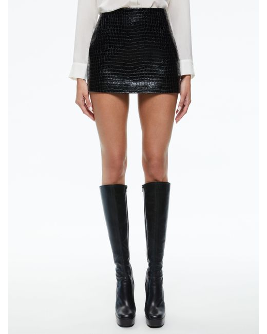 Alice + Olivia Black Rubi Vegan Leather Croc Mini Skirt