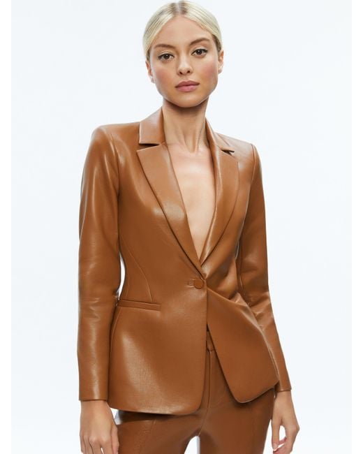 Alice + Olivia Brown Macey Fitted Vegan Leather Blazer