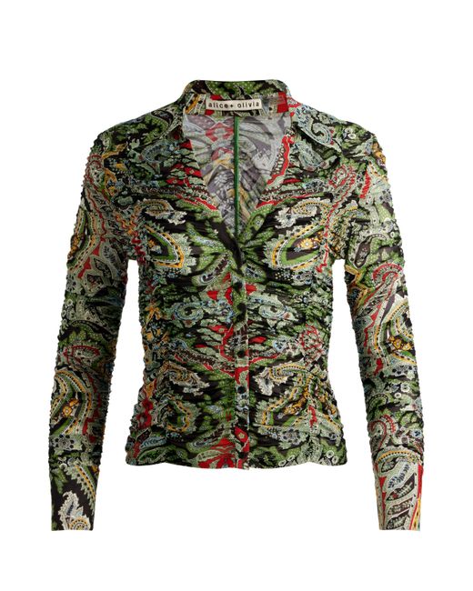 Alice + Olivia Green Portia Mesh Button Down