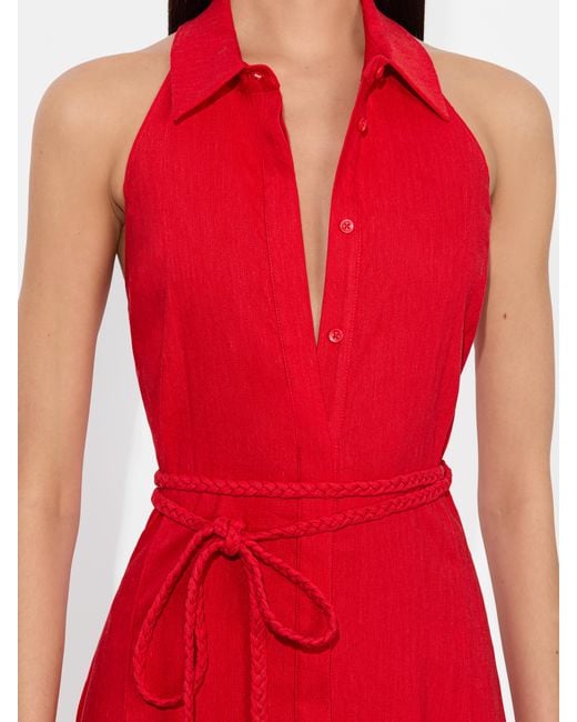【Alice+Olivia】CHASSIDY リネン 襟付き ベルト マキシドレス Chassidy Linen Maxi Dress In Bright Ruby | Alice + Olivia