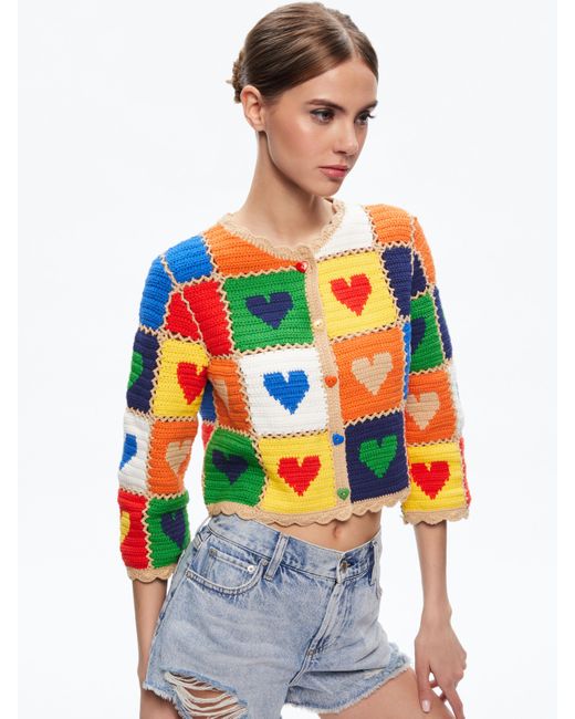 Alice + Olivia Anderson Crochet Heart Cardigan in Gray | Lyst