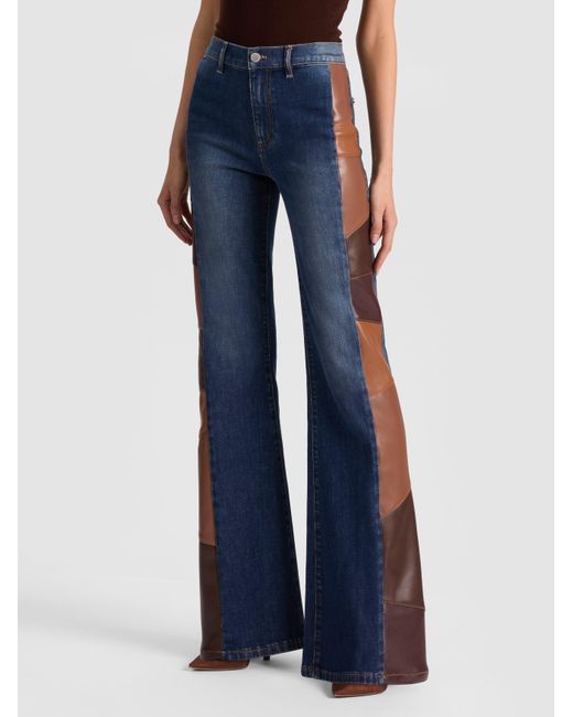 Alice + Olivia Blue Faux Leather Patchwork Wide Leg Flare Jeans