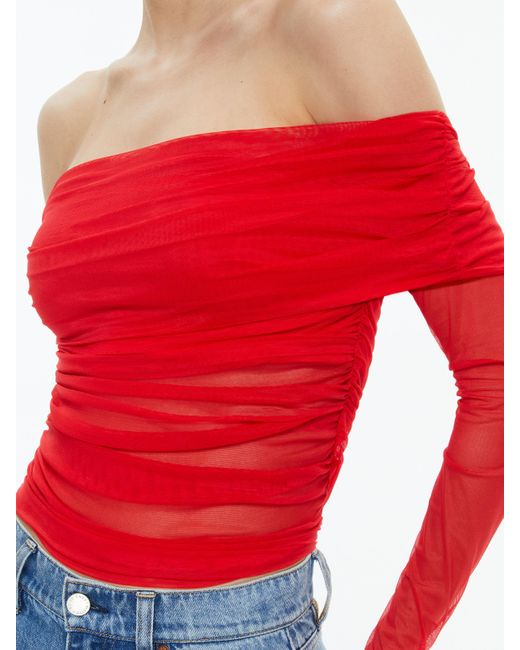 Alice + Olivia Red Isadola Over The Shoulder Ruched Long Sleeve Top
