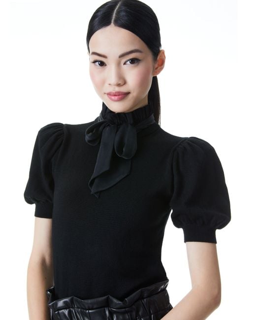 Alice + Olivia Black Chase Puff Sleeve Sweater