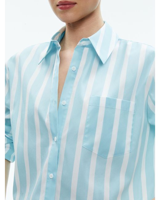 Alice + Olivia Blue Finely Cropped Oversized Button Down Shirt