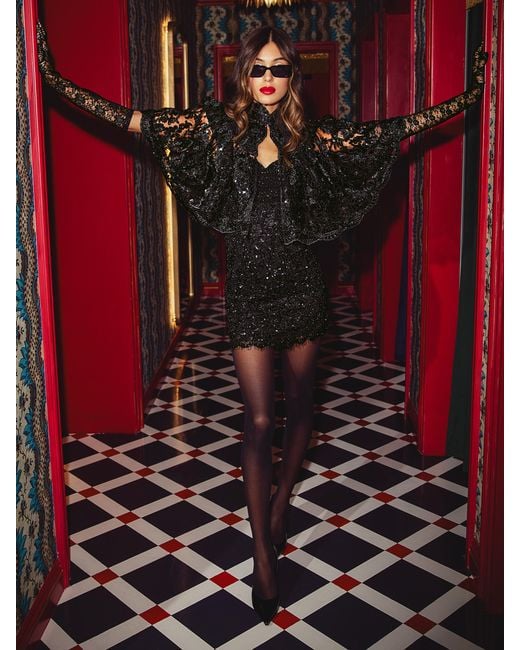 Alice + Olivia Eve Embellished Lace Mini Dress in Black | Lyst Alice + Olivia Eve Embellished Lace Mini Dress in Black | Lyst
