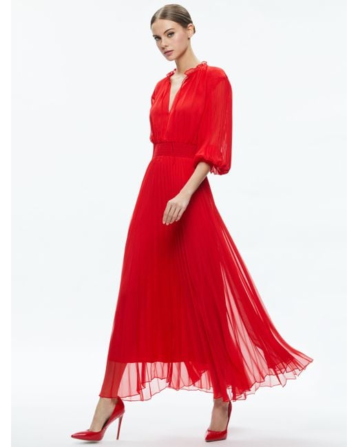 Alice + Olivia Red Vernia Blouson Sleeve Pleated Maxi Dress