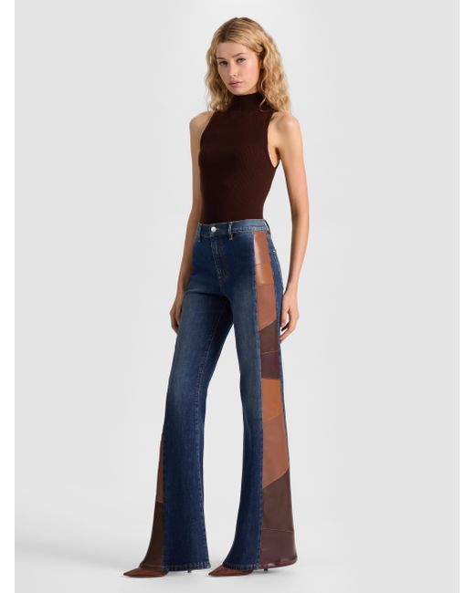 Alice + Olivia Blue Faux Leather Patchwork Wide Leg Flare Jeans