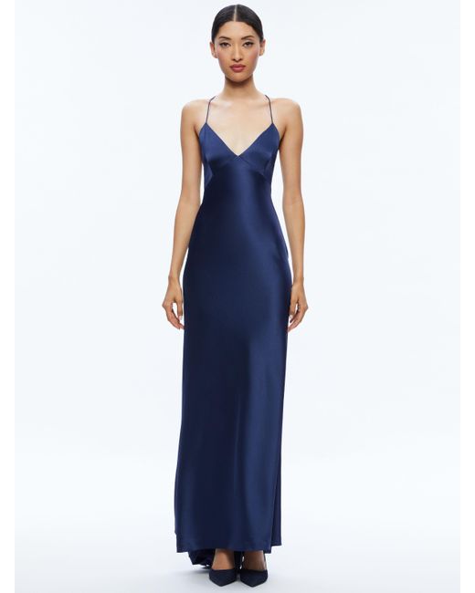 Alice + Olivia Blue Montana Lace Up Back Maxi Gown
