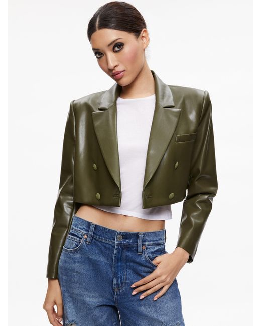 Alice + Olivia Green Anthony Cropped Double Breasted Vegan Blazer