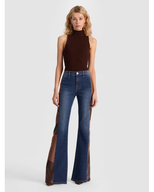 Alice + Olivia Blue Faux Leather Patchwork Wide Leg Flare Jeans
