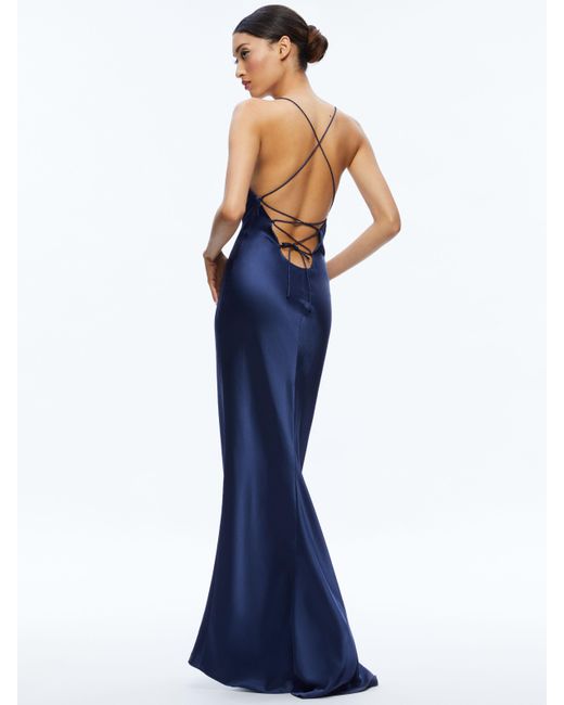 Alice + Olivia Blue Montana Lace Up Back Maxi Gown