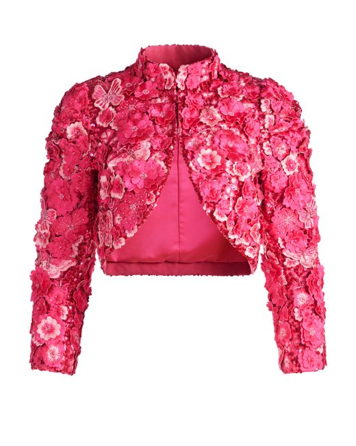 Alice + Olivia Red Lorna Cropped Floral Applique Jacket